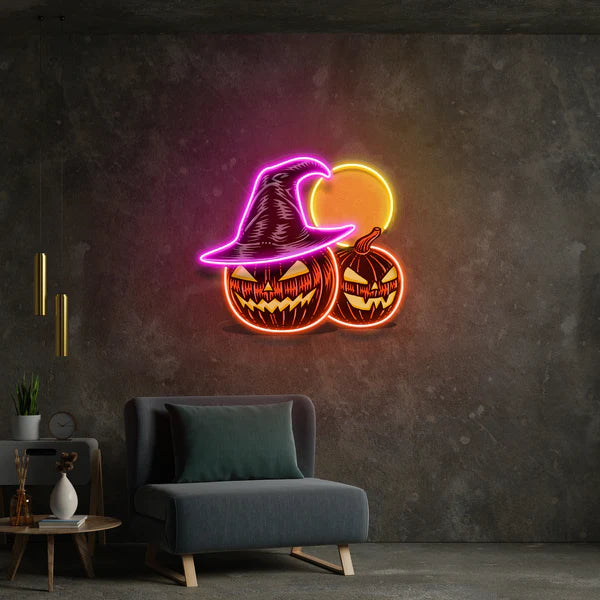 Witch And Moon Pumpkin Artwork Led Neon Sign Light