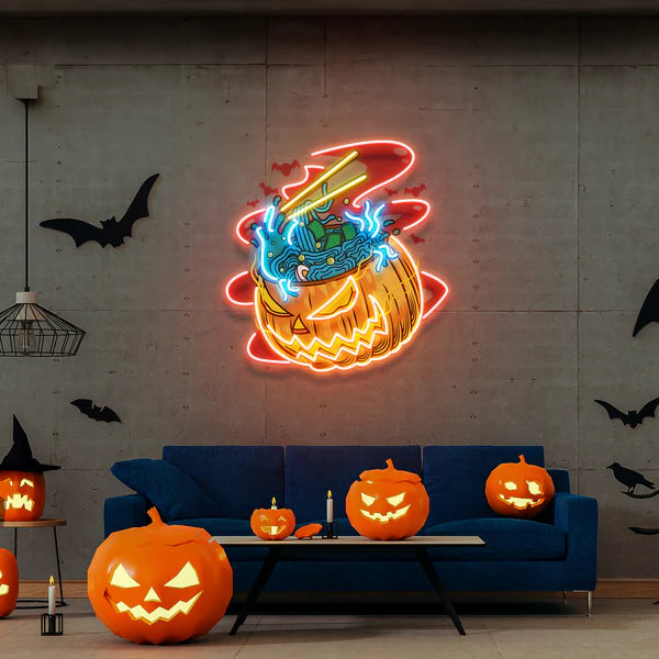 Pumpkin Ramen Monster With Halloween Artwork Led Neon Sign Light