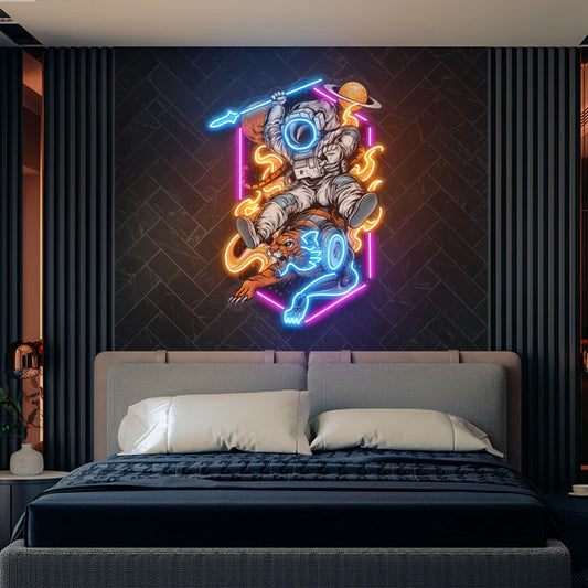Astronaut Riding Outer Space Tiger Artwork Led Neon Sign Light