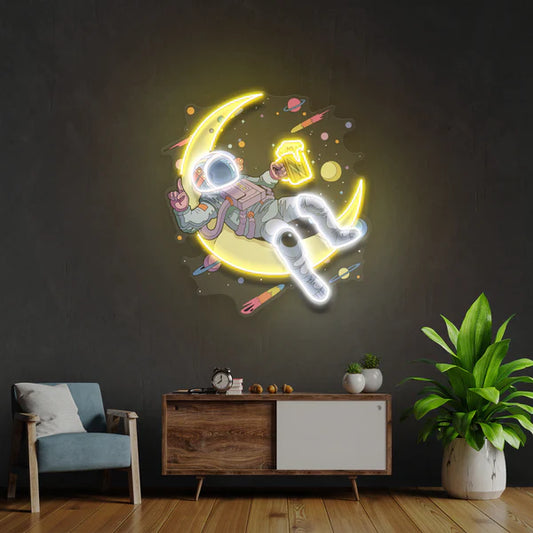 Astronaut With Beer On Moon Artwork Led Neon Sign Light
