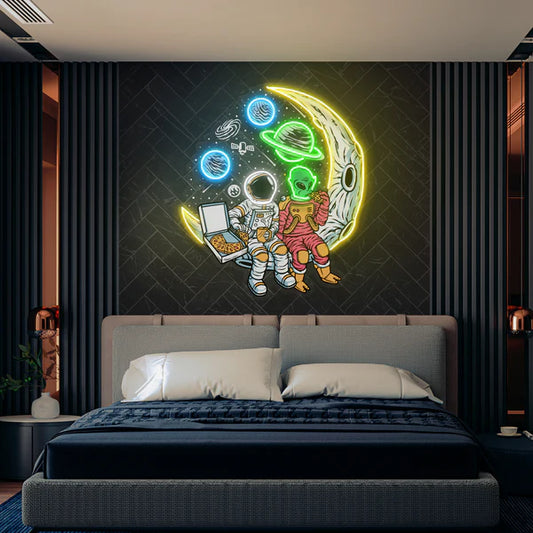 Astronaut And Alien Chill Together Pop Art Led Neon Sign Light